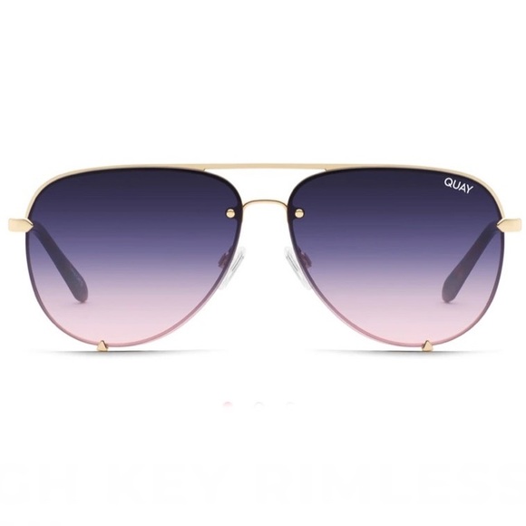 Quay Australia Accessories - QUAY High Key Sunglasses Gold Rimless Frame Pink Navy Lens Aviators